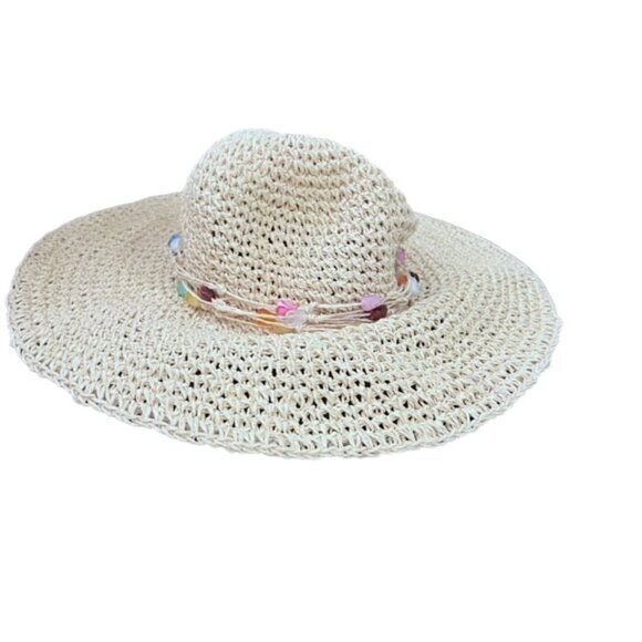 Boho Wide Brim Sun Hat Beaded Brim Trim Beach Pool Vacation Travel Cottage Coast - Picture 11 of 12